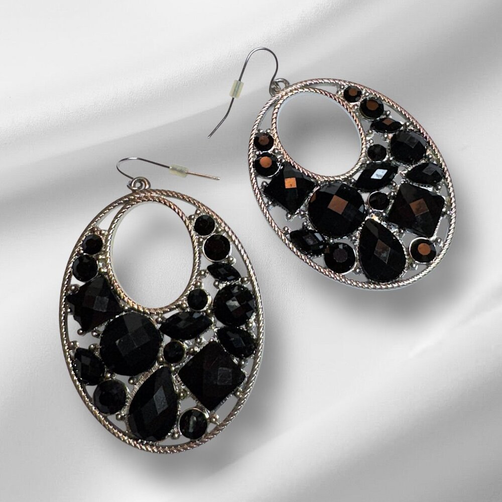Silver Tone Oval Statement Pierced Earrings Dangling Black Glass Faceted Stones